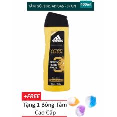 Sữa tắm gội rửa mặt 3 trong 1 cho nam 400ml Adidas 3 in 1 Victory League - Guarana + Tặng 1 bông tắm cao cấp