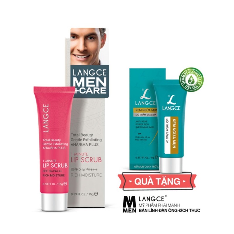 Tẩy Tế Bào Chết Môi AHA/BHA+ 15g TẶNG Kem Ngừa Mụn, Mờ Thâm, Sáng Da 9g LANGCE dành cho nam