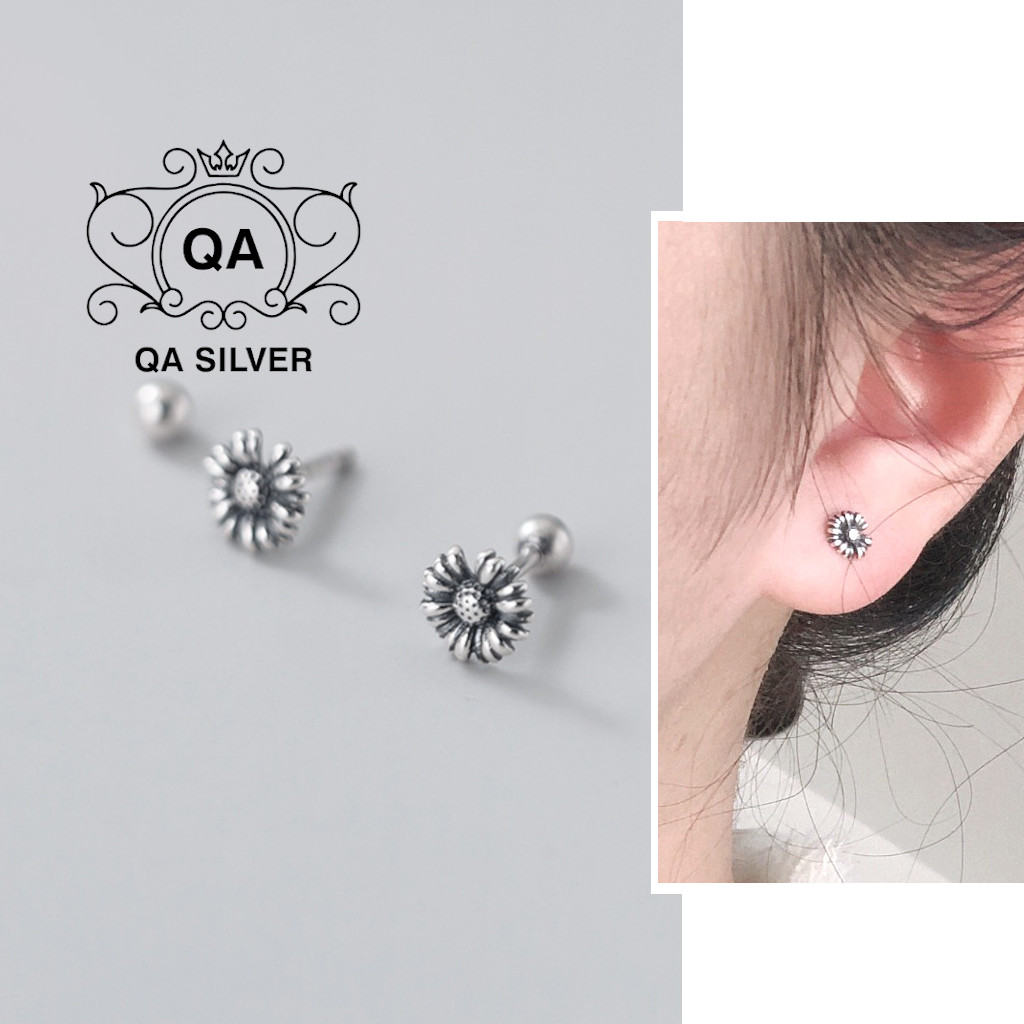 Bông tai bạc 925 hoa cúc thái nhỏ chốt bi vặn khuyên nữ s925 flora qa silver earrings ea231104