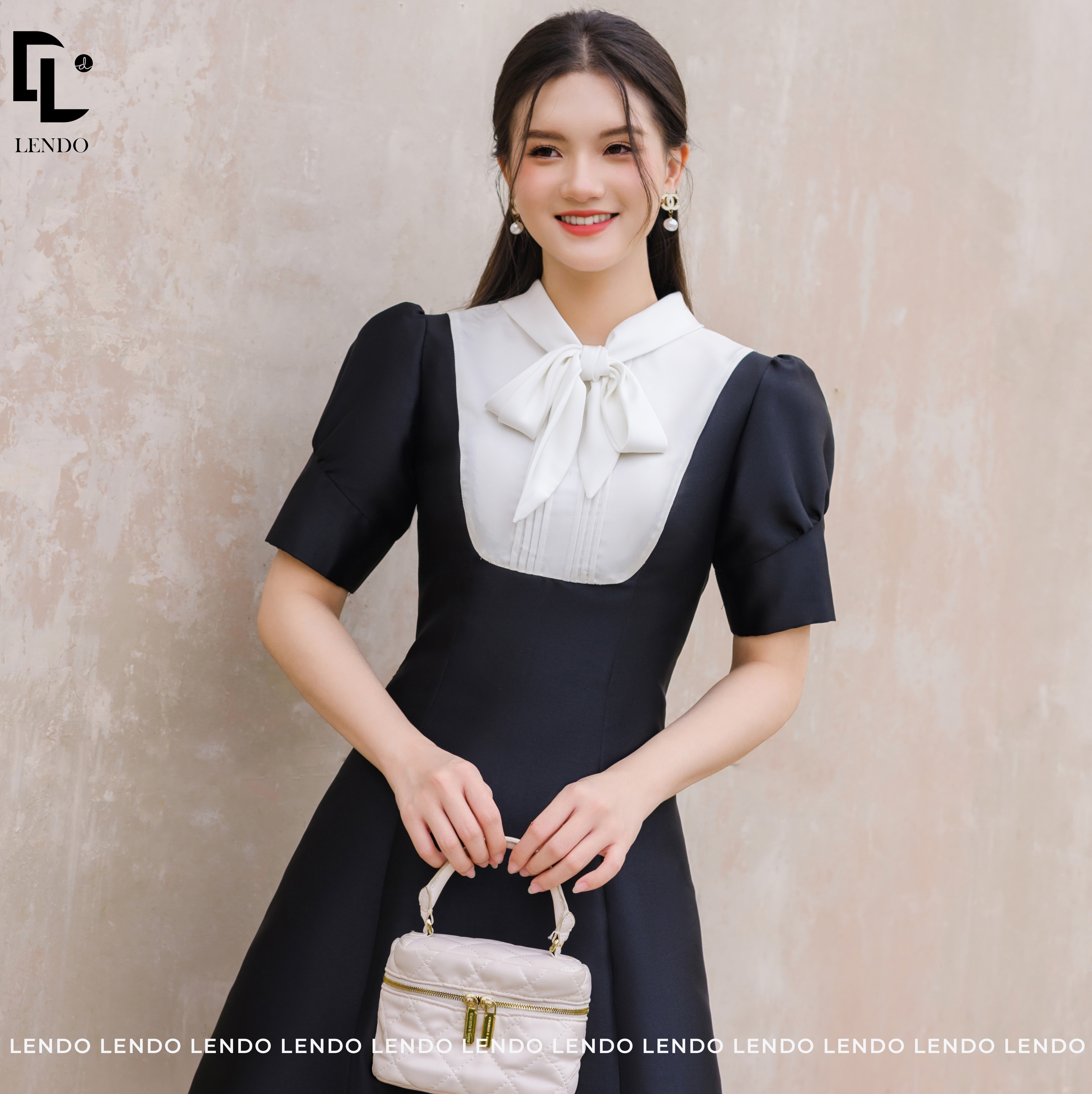 Đầm đen tafta cổ trắng LENDO V230207