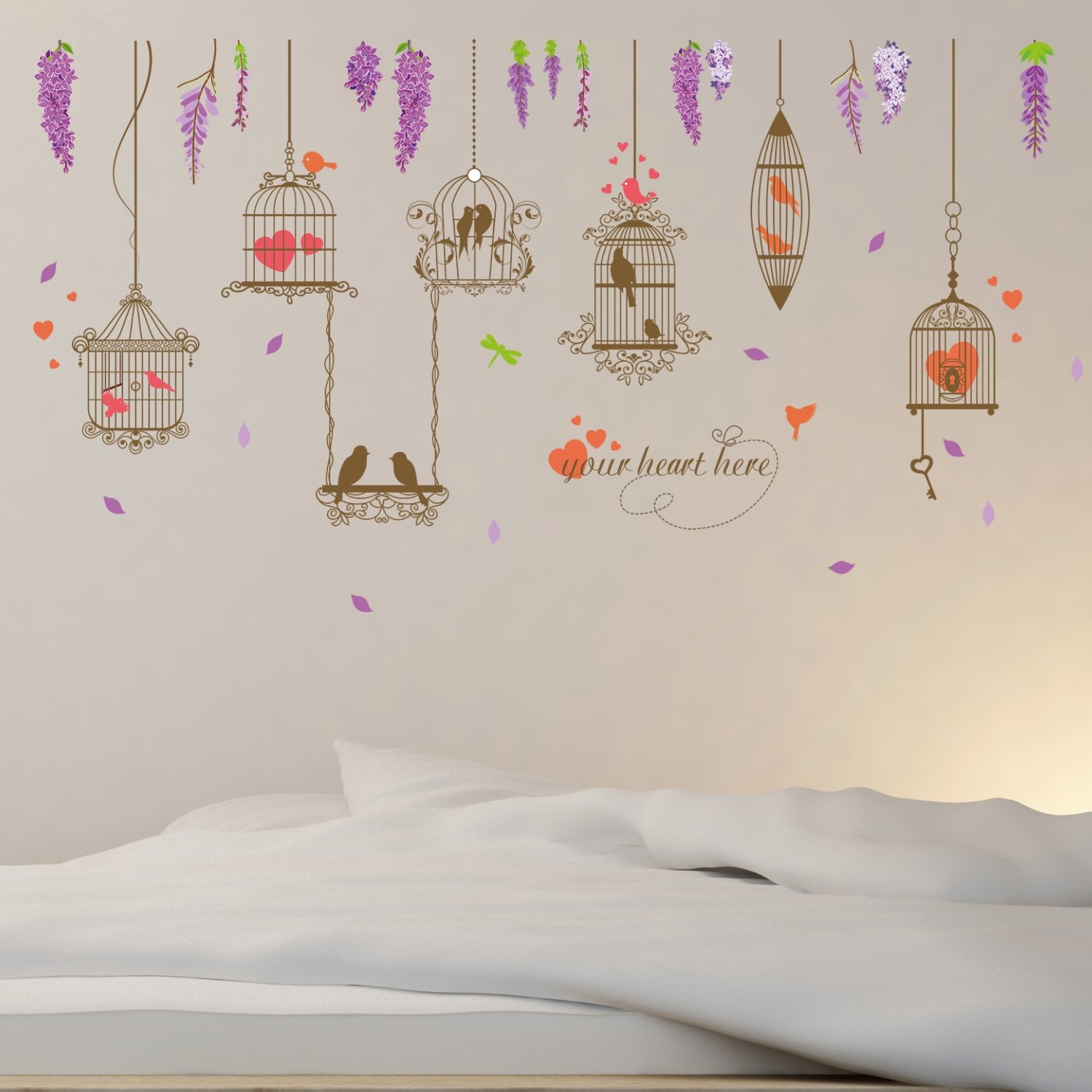 [HCM]DECAL DÁN TƯỜNG LỒNG CHIM TRÁI TIM ĐỎ