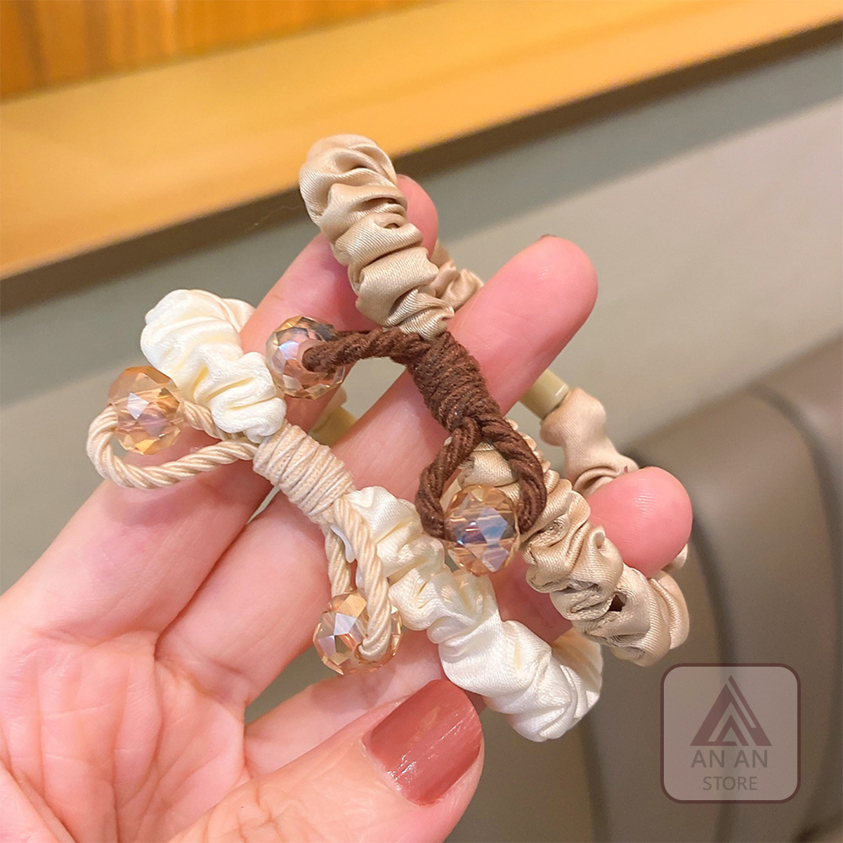 Cột Tóc Scrunchies Vải Satin Dây Nơ Ngọc