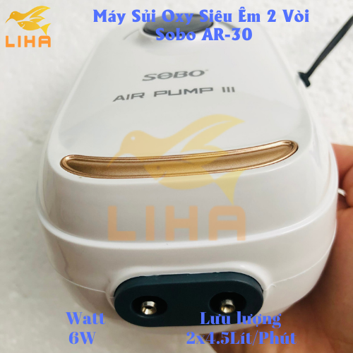 Máy Sủi Oxy 2 Vòi Sobo AR-30 (6W-2x4.5Lít/Phút) - Máy Oxi Siêu Êm Cho Bể Cá
