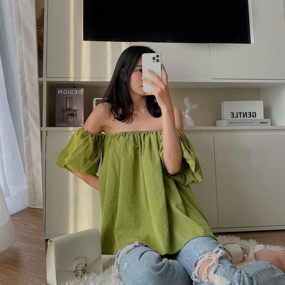 Áo trễ vai tay bồng chất đũi mát Linly Store