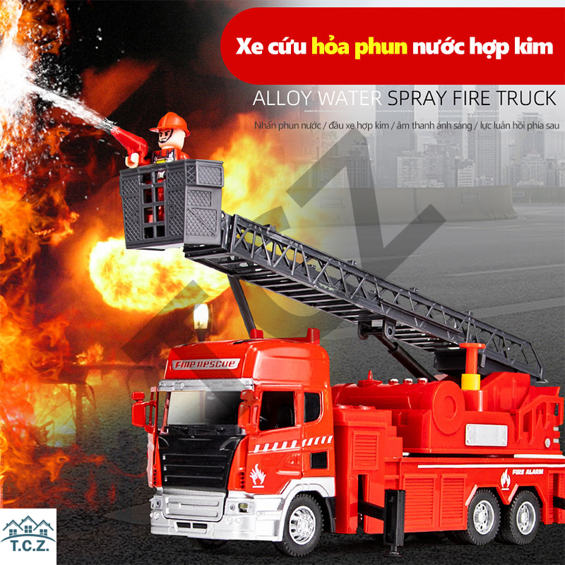 Đồ chơi xe cứu hỏa bằng hợp kim, mô phỏng phun nước đám mây kỹ thuật xe tải có thang nâng đèn mô phỏng phun nước xoay 360 Độ. Thang cứu hộ xoay xe cứu hoả, mô hình xe cứu hỏa đồ chơi.