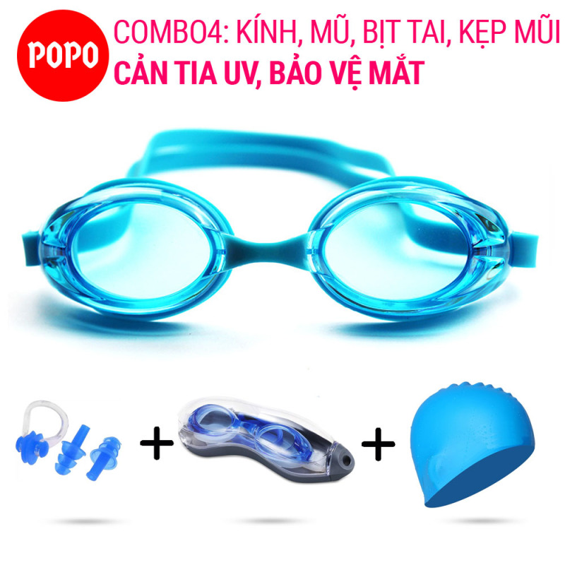 Kính bơi hiện đại 1153, mũ bơi trơn, bịt tai kẹp mũi POPO Collection mắt kính trong chống tia UV chống sương mờ