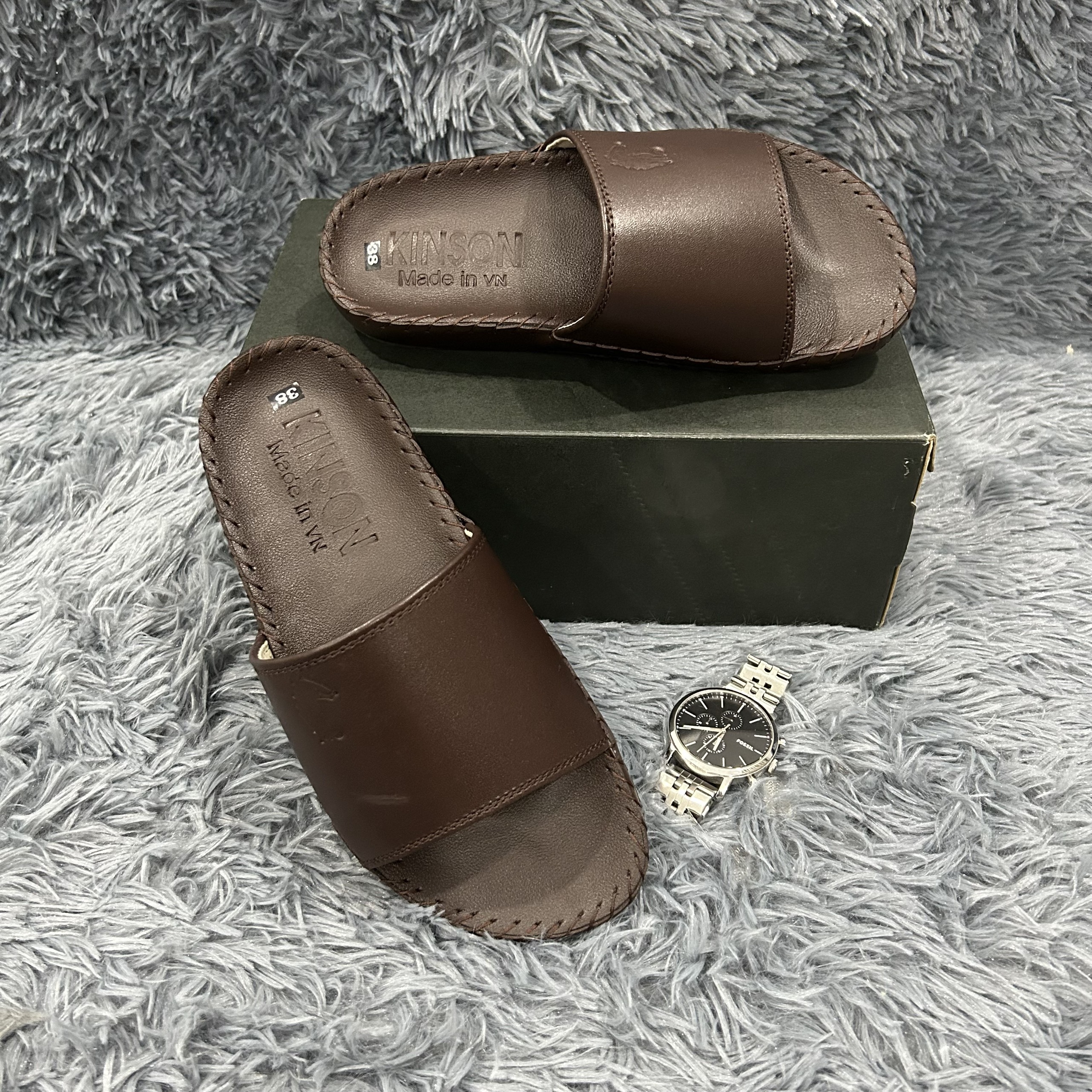 Dép Quai Ngang Nam Da Bò, Dép Nam Cao Cấp, Khâu Chỉ Toàn Bộ, Đế Chống Trượt KINSON Shop