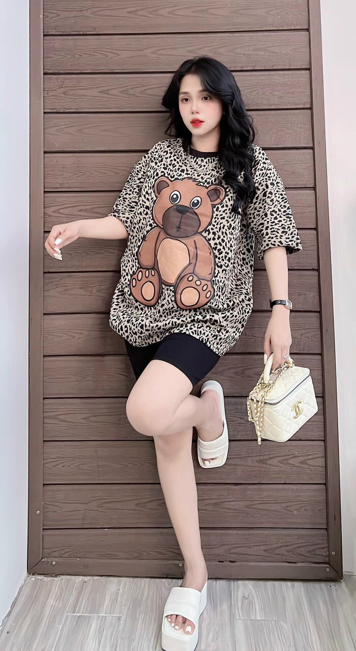 Set đồ ngố áo thun form rộng in hình mickey dễ thương kèm quần ngố legging lửng, Set bộ thun in hình gấu 3D họa tiết beo áo form rộng kèm quần legging ngố đen