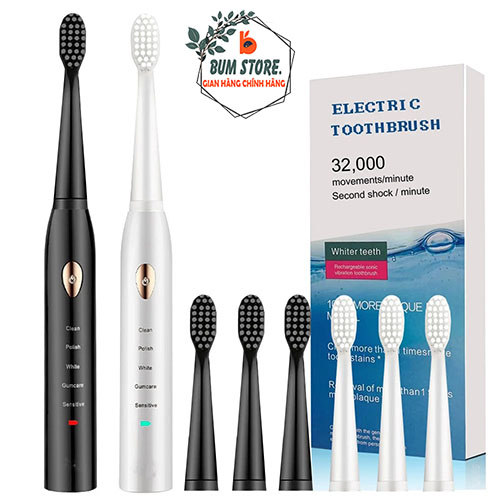 Bàn chải điện Electric Toothbrush 5 chế độ kèm 4 đầu chải tiện lợi, Bàn chải đánh răng điện đánh bóng làm trắng răng - BUM STORE