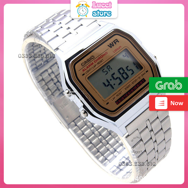 Đồng hồ casio điện tử A159, đồng hồ nam nữ dây thép không gỉ cao cấp full box thiếc