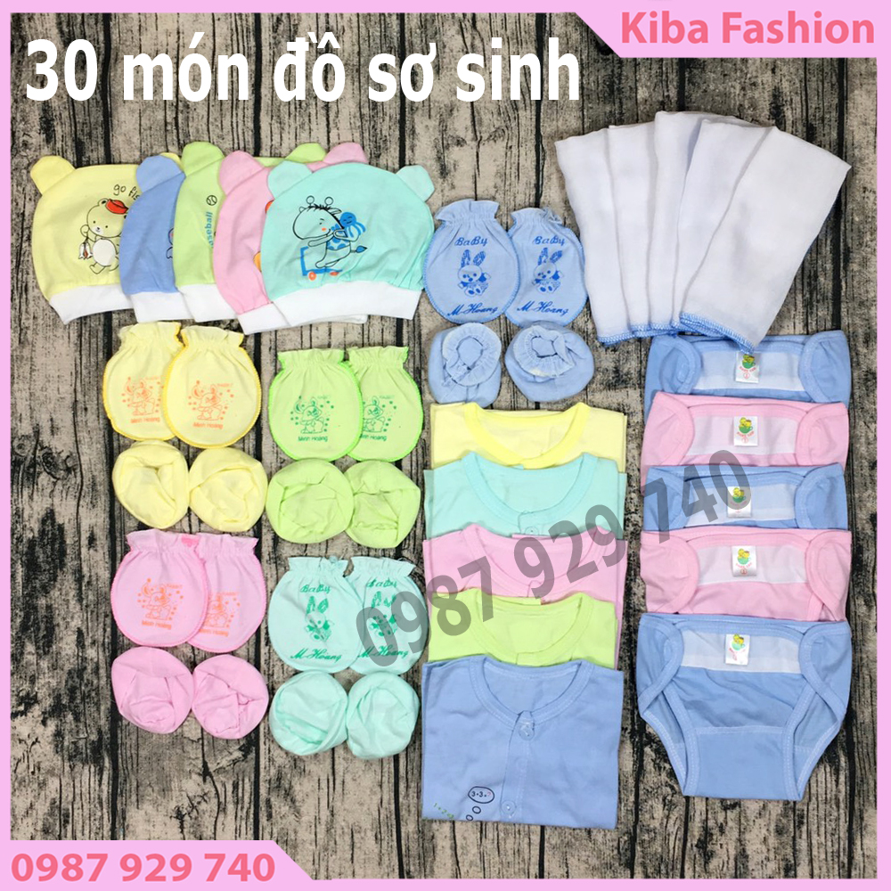 SET 30 món đồ dùng cho bé sơ sinh cao cấp ( 5 áo DÀI TAY + 5 bộ bao tay+ 5 bao chân + 5 ( mũ ) nón + 5 tã dán + 5 khăn sữa 2 lớp ) loại 1