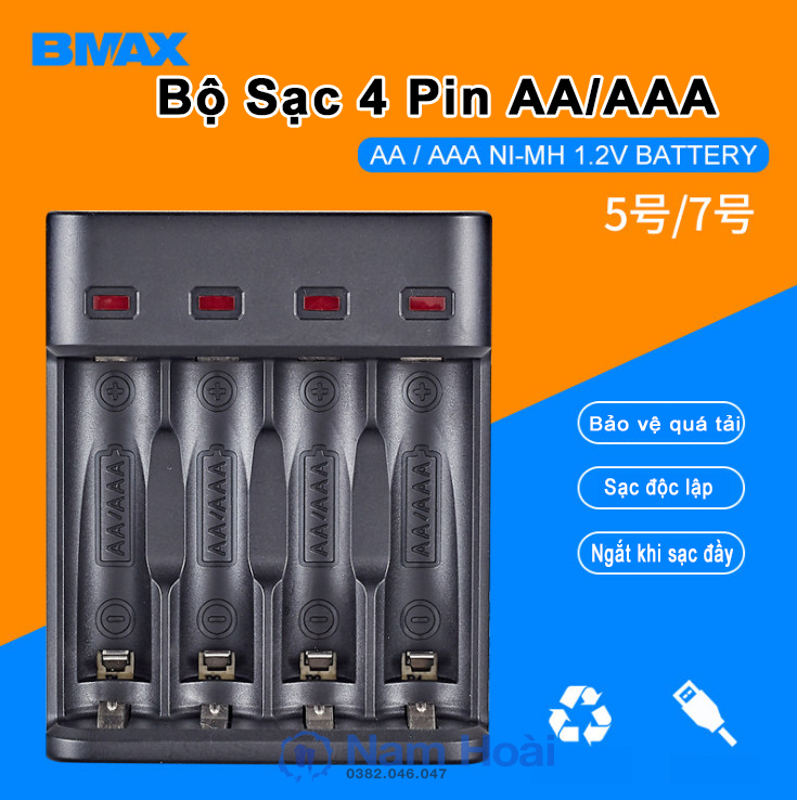 Bộ sạc pin aa aaa bmax bh-804u - bộ sạc pin tiểu - pin sạc aa aaa hàng chính hãng