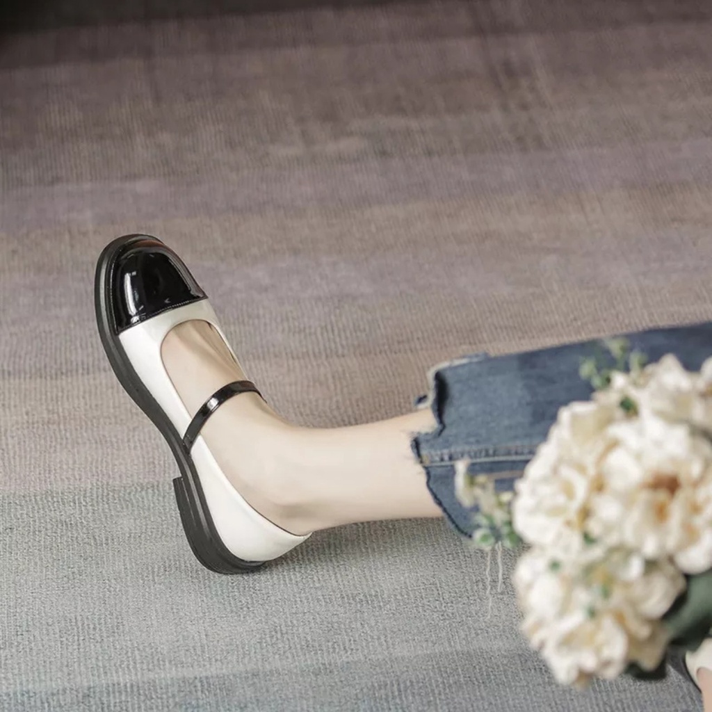 Có sẵn: Hàng có sẵn: CÓ SẴN Giày búp bê Mary Jane nữ da mềm  đế bằng cao 3cm phong cách học sinh Nhật Bản( lolita PHÔI MÀU 1 quai)) - zinzin868