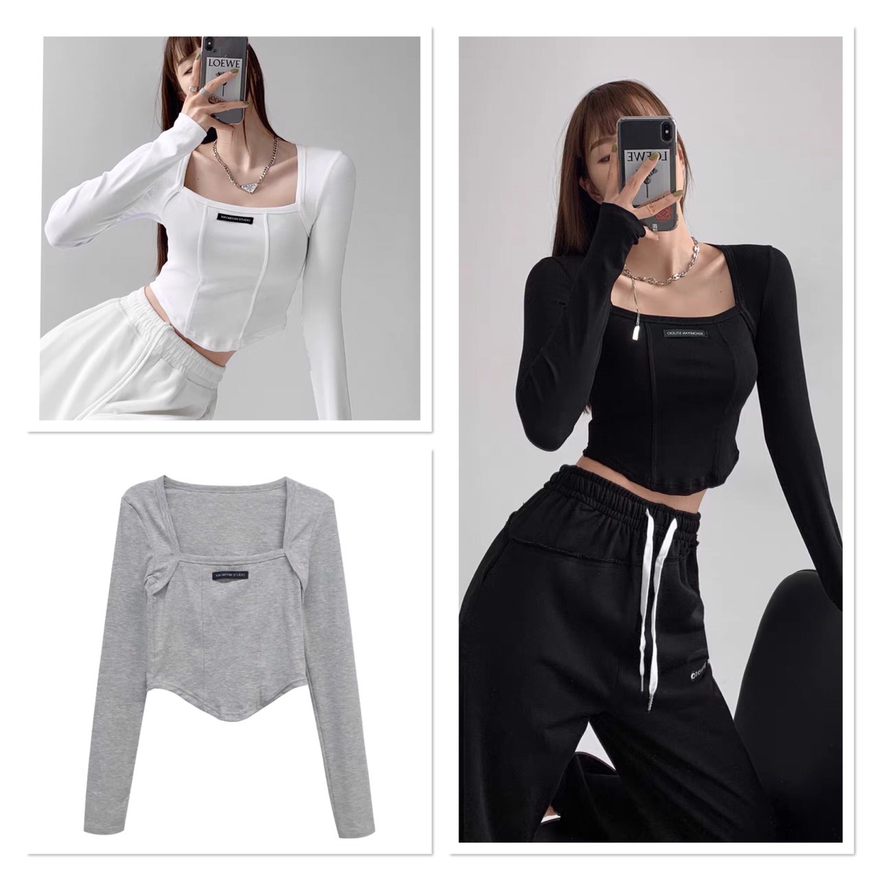 Áo croptop cổ vuông logo tay dài nữ, crt ôm body đen trắng