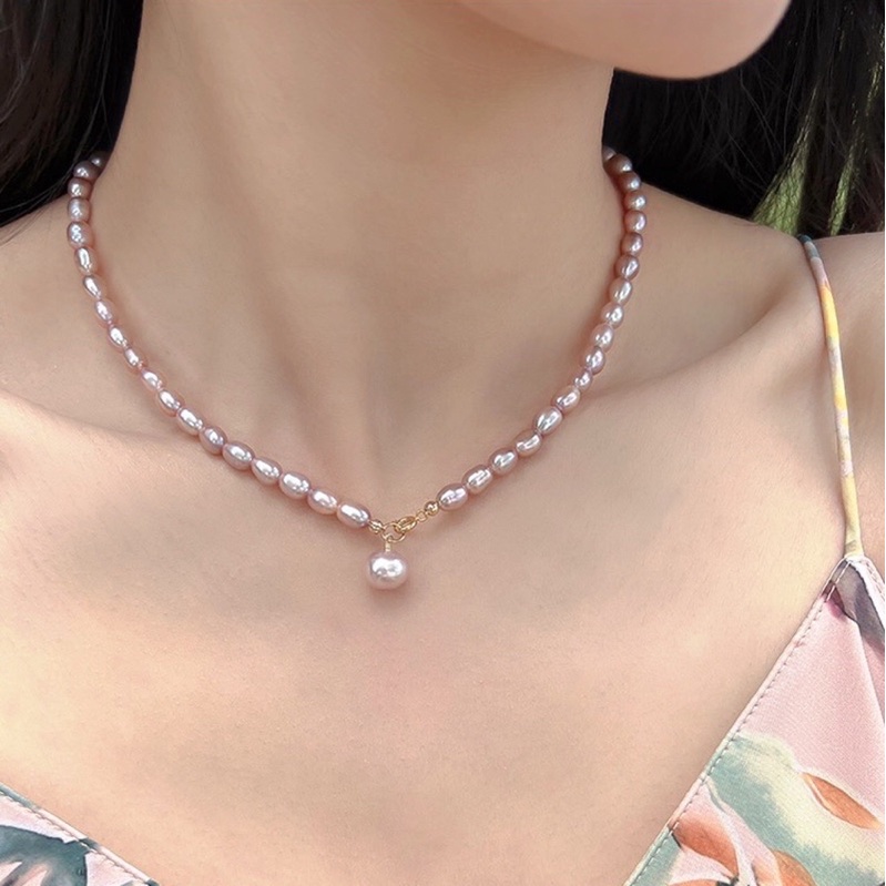 Vòng cổ hạt gạo màu hồng phấn 5ly khóa bạc - trường thịnh ngọc trai