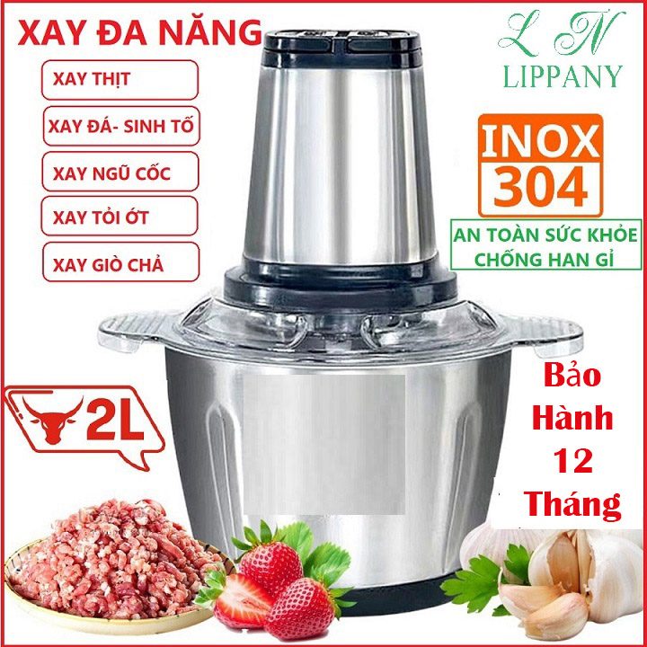 Máy xay tỏi ớt đa năng bằng điện 2 lít , 250W -Máy xay thịt cá tôm cua đa năng cối Inox 304 cao cấp. Công suất lớn 300w cho gia đình, 2 tốc độ, 4 lưỡi dao xoáy kép. BẢO HÀNH 12 THÁNG.