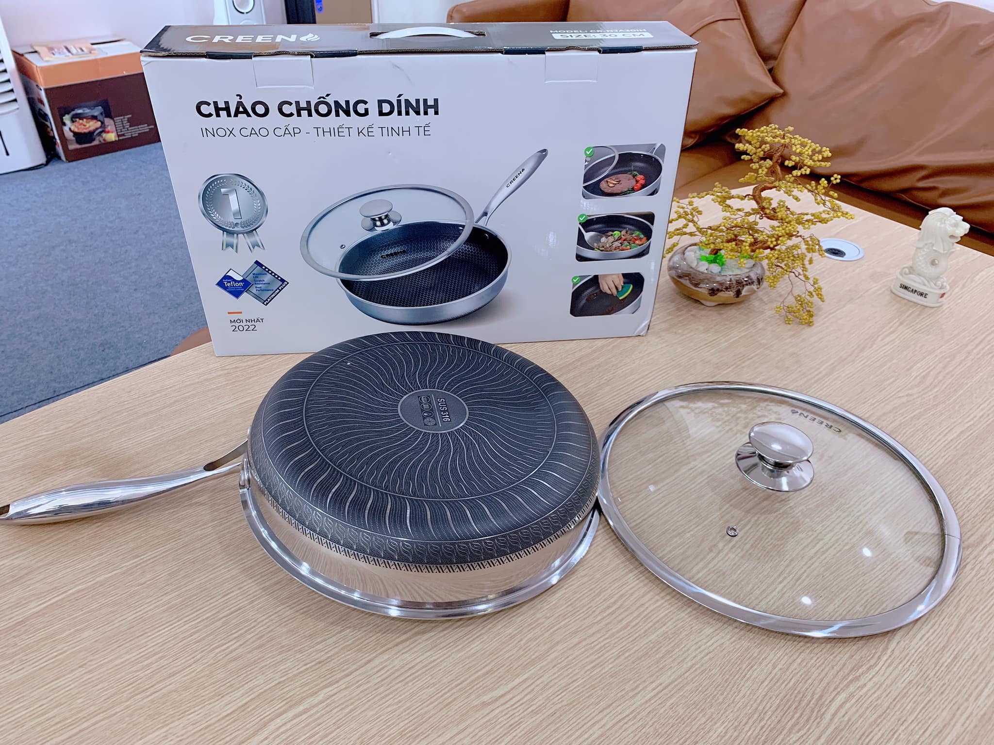 Chảo inox chống dính tổ ong cao cấp Creen- Có Nắp Kính