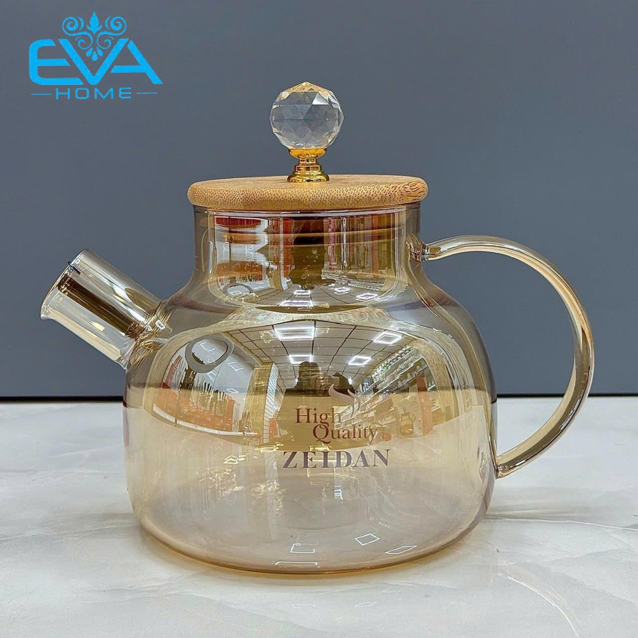 Bình Pha Trà Thuỷ Tinh Ánh Vàng Chịu Nhiệt Lưới Lọc Lò Xo Kèm Nắp Gỗ Cách Điệu Sang Trong 1000ML