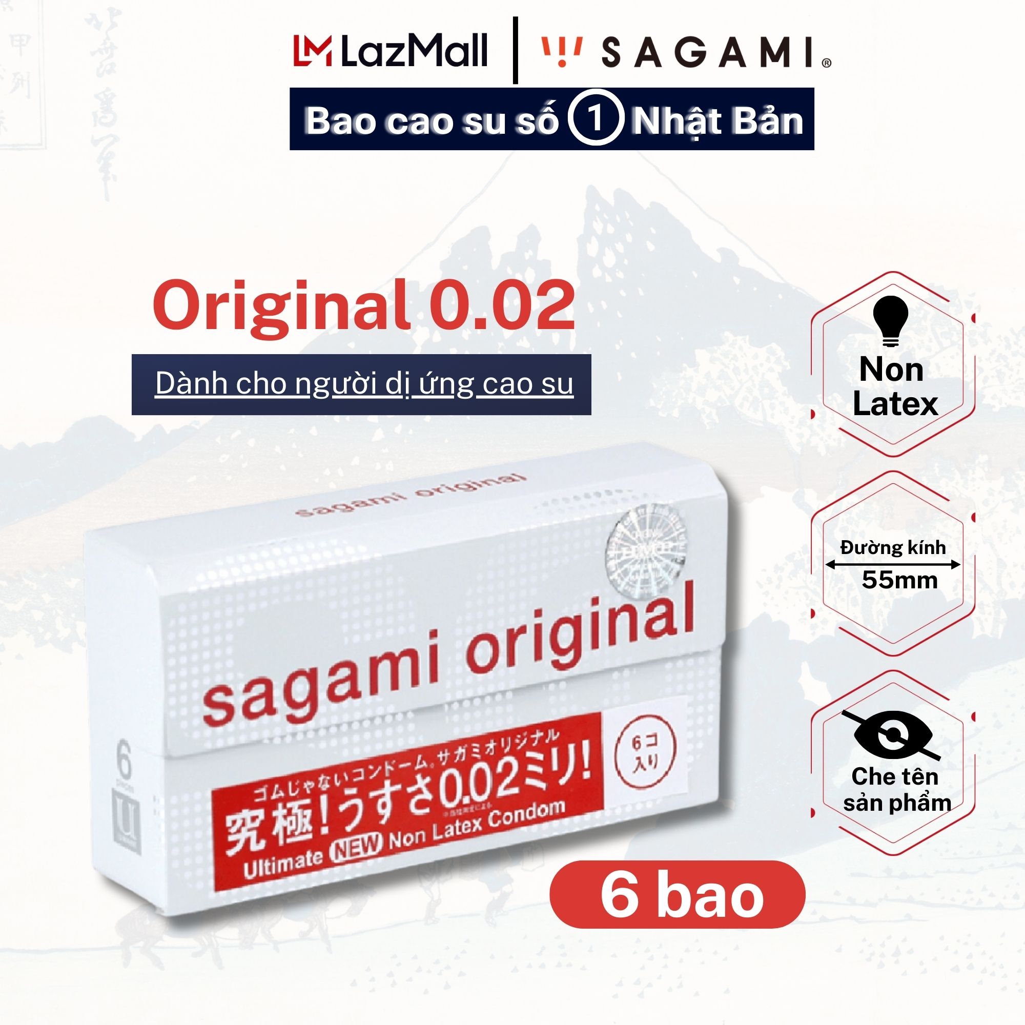 Bao cao su Sagami Original 0.02 (Hộp 6 cái) - baocao su nam siêu mỏng size lớn siêu mỏng chỉ với 002, Non latex