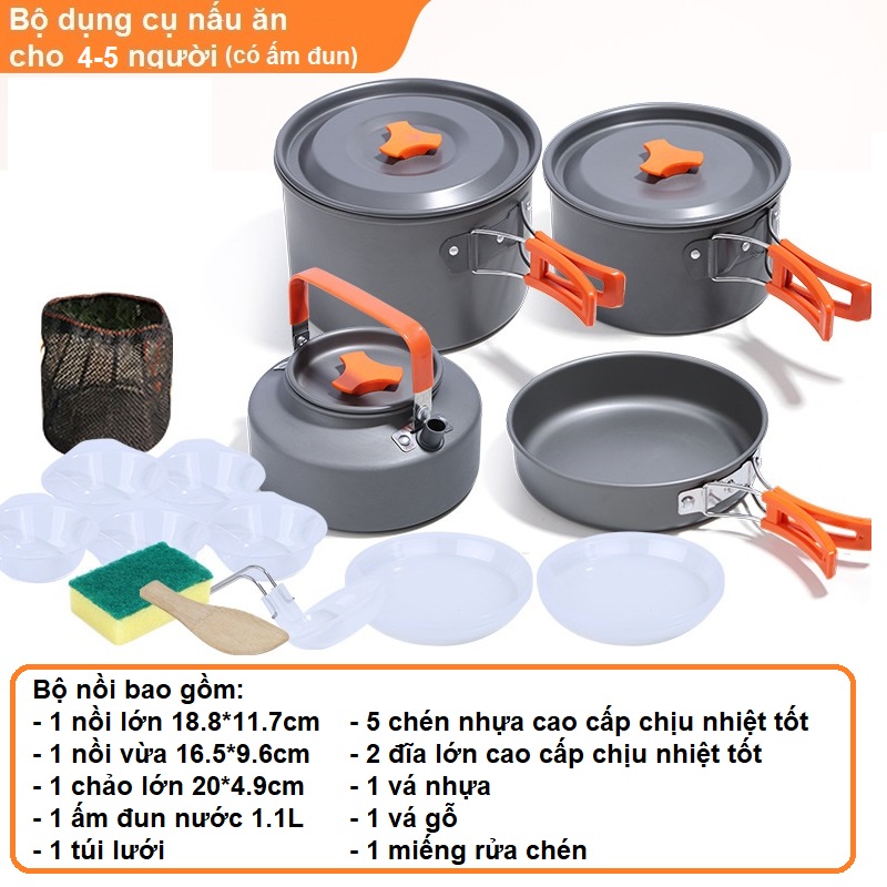 Bộ nồi 14 món cắm trại, dã ngoại, đi phượt cho 4-5 người CÓ ấm đun nước