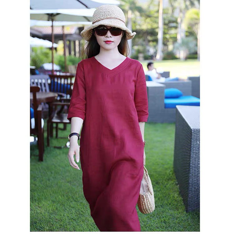 Đầm suông linen tay lỡ kèm đai rời, thời trang hè thu 2021 - Đỏ đô
