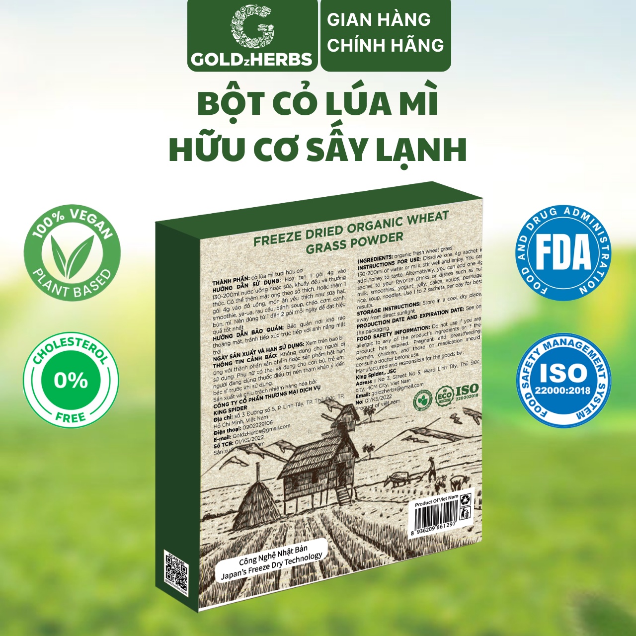 Bột cỏ lúa mì hữu cơ sấy lạnh GoldzHerbs, 100% nguyên chất - Hộp 15 gói x 4g
