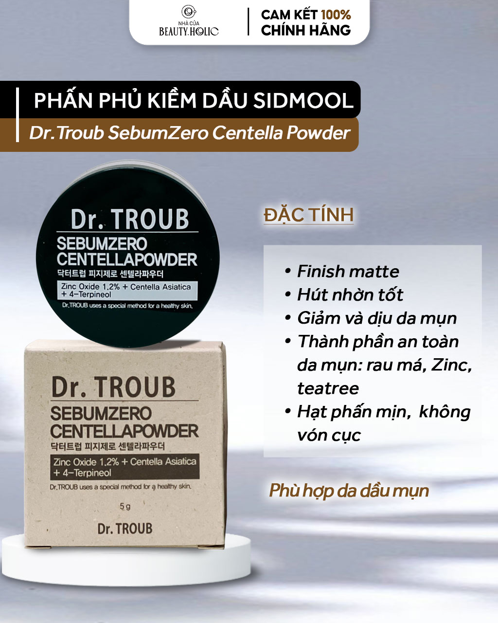 [Nhacuabeautyholic] Phấn phủ kiềm dầu da mụn SIDMOOL DR.TROUB SERUM ZERO CENTELLA POWDER