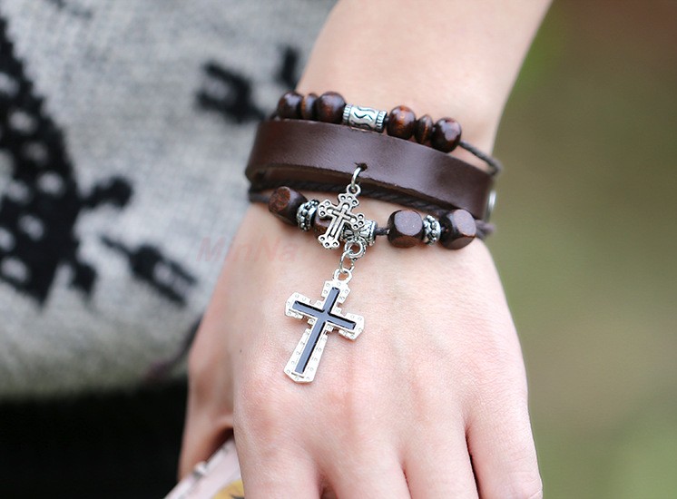 [HCM]Vòng Tay Thời Trang Cá Tính  Nữ - Vòng Tay Da Hình Chữ Thập Âu Mỹ VTDA2CROSS02