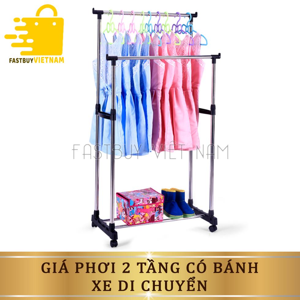 Giàn phơi inox thông minh 2 tầng có bánh xe thông minh dễ dàng di chuyển nhanh chóng vào nhà khi trời mưa to gió lớn.