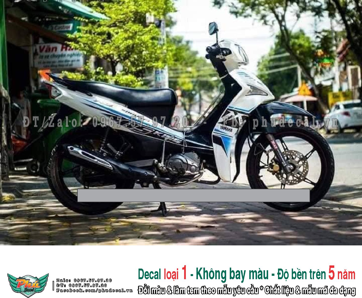 Tem rời xe Sirius Fi MX trắng xanh