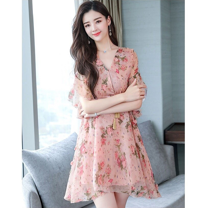 [HCM]Đầm Đính Hoa Thắt Dây Eo Thanh Lịch