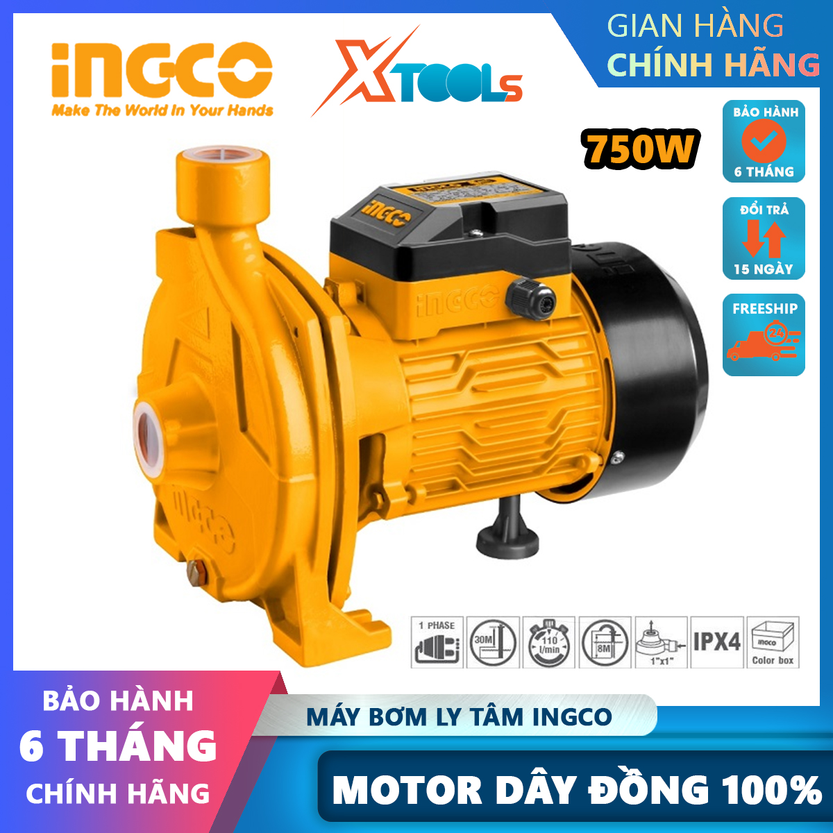 Ingco cpm7508 high pump centrifuge pump electric water pump 220-240V Power 750W-1500W max pump height 30-40m xtools