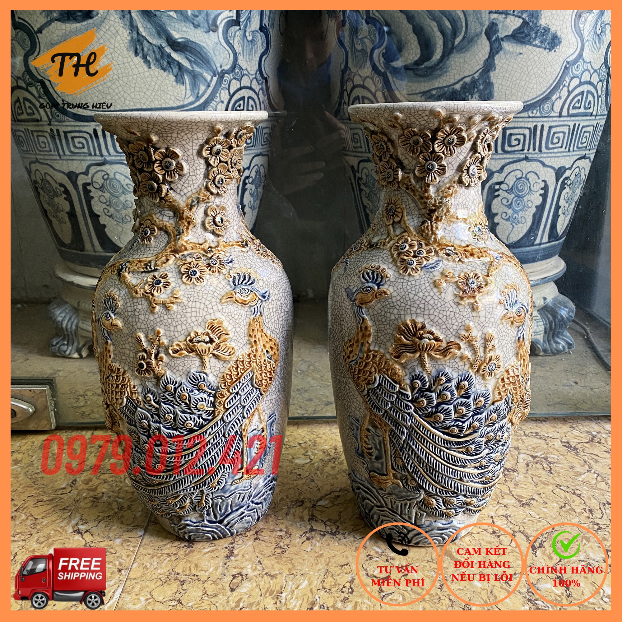 FREESHIP - Đôi lộc bình men rạn đắp nổi Công Đào cao cấp Bát Tràng cao 35cm
