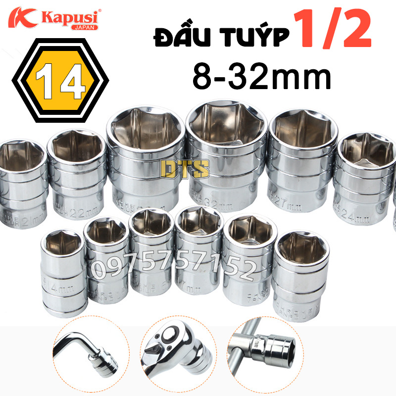 Bộ 14 đầu tuýp 1/2 công nghiệp KAPUSI 8-32mm, đầu típ, đầu khẩu lục giác 1/2 inch thép CR-V siêu cứng mở bulong, vặn ốc vít, đầu tiếp lục giác, phù hợp cần tuýp tự động, cần tuýp trượt, cần tuýp lắc léo, cần tuýp L