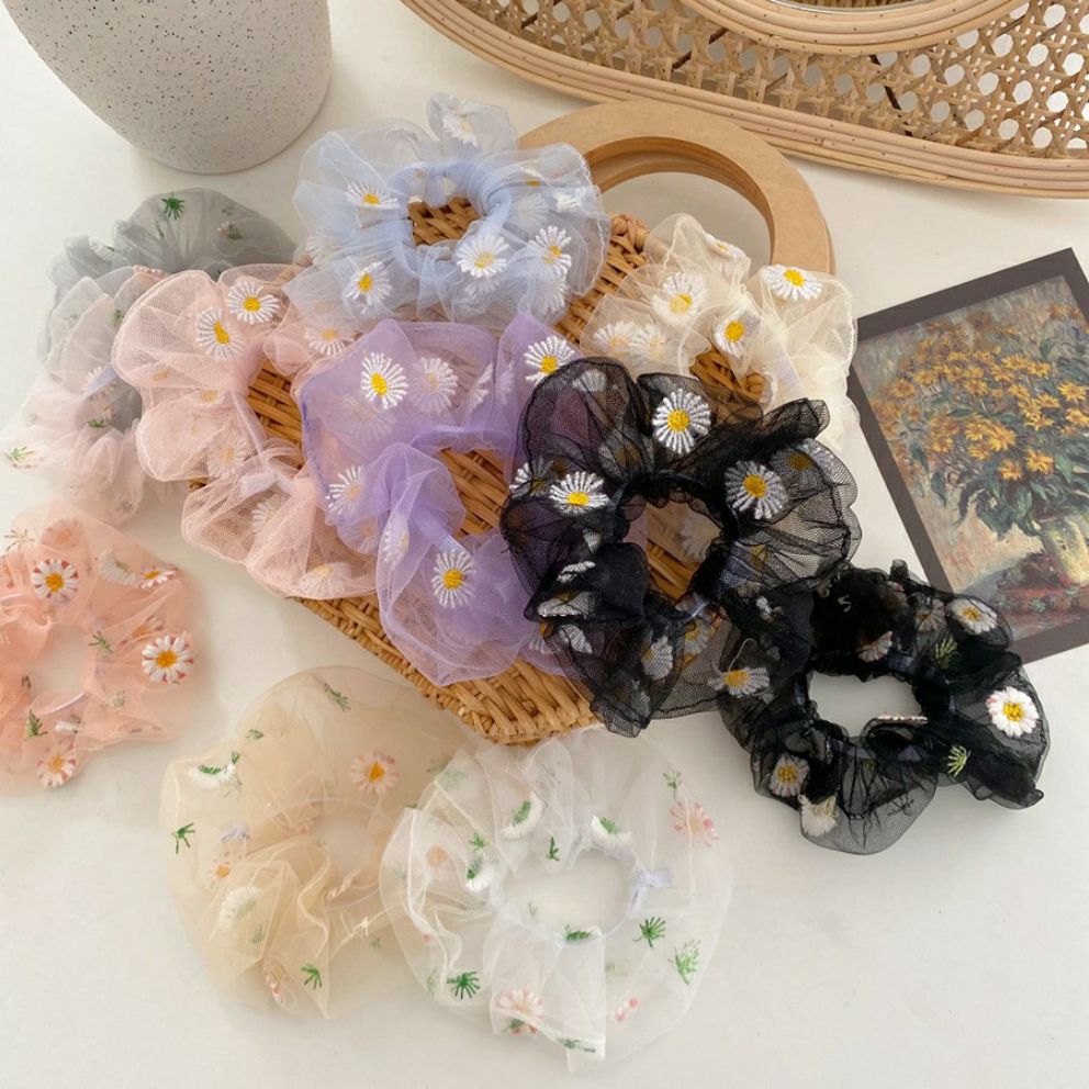 [HCM]Combo 9 Dây cột tóc vải lưới Scrunchies thêu hoa cúc họa mi HOT TREND