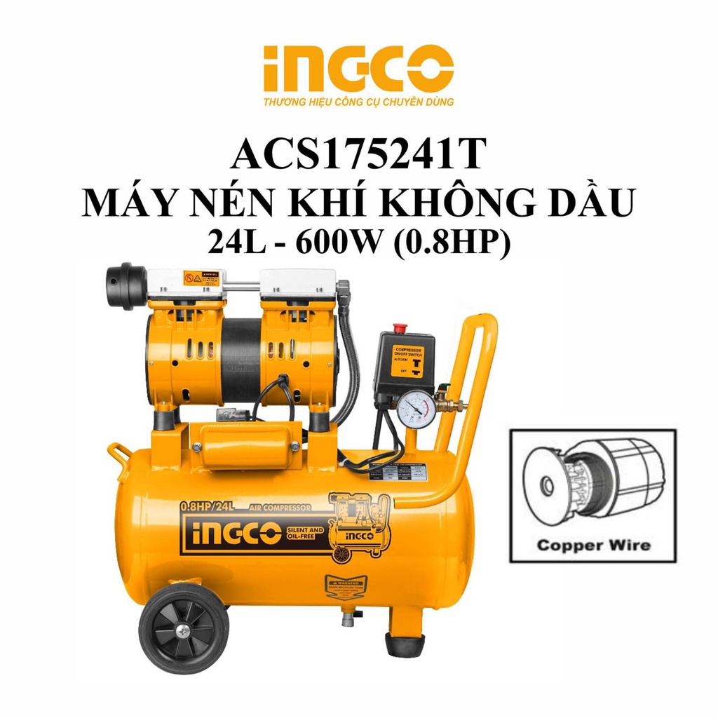 Máy nén khí không dầu acs175241t ingco 600w