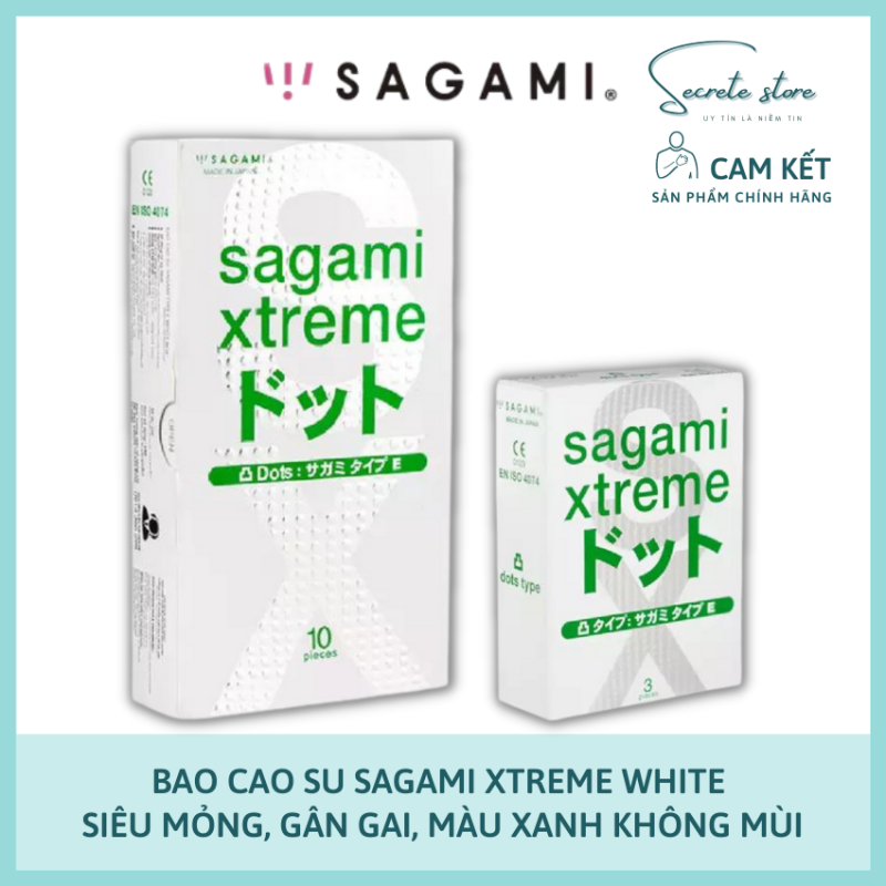Bao cao su Sagami Xtreme White-BCS NHẬT có gân gai, siêu mỏng, màu xanh lá cây, không mùi (hộp 3c/10c) - Secrete Store nhập khẩu