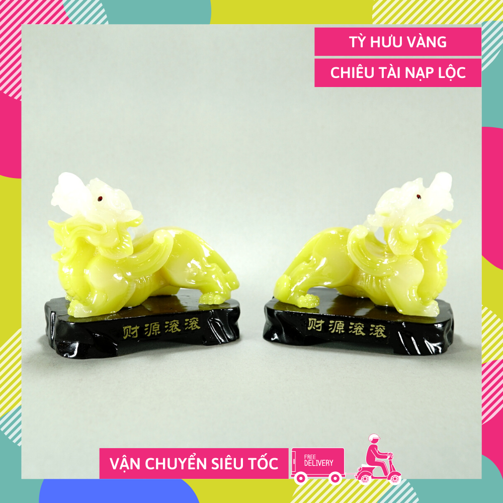 Cặp tượng Tỳ Hưu vàng phong thủy chiêu tài nạp lộc cao 10cm - Kèm hướng dẫn khai quang