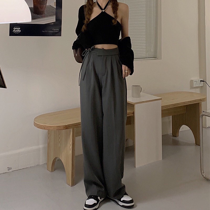Quần ống rộng nữ lưng cao thắt dây nơ 1 bên quần culottes ống suông công sở dáng dài nhiều màu mặc đi học làm