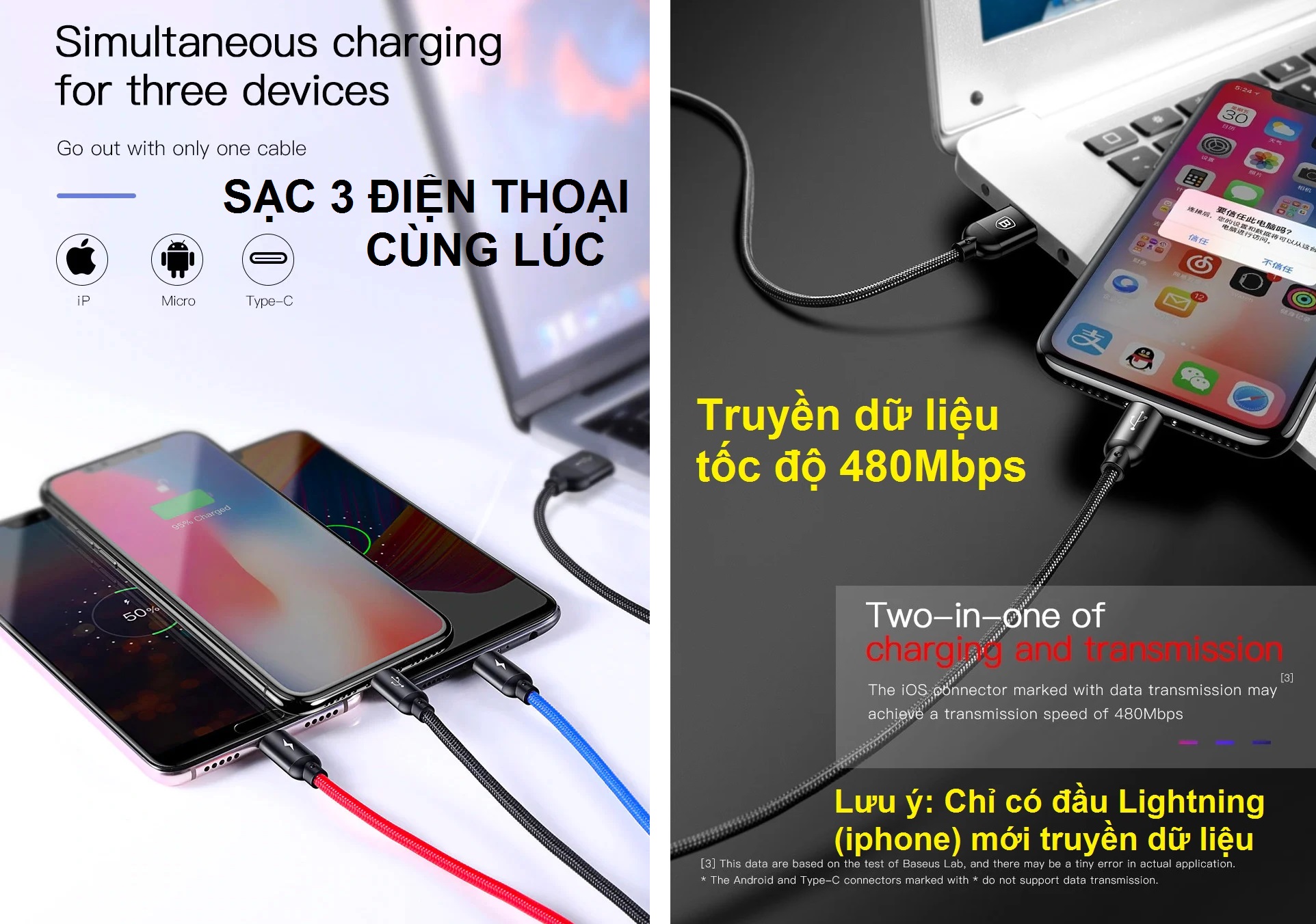 [HCM]Cáp sạc 3 đầu nhiều màu Baseus Three Primary 3-in-1(30cm)