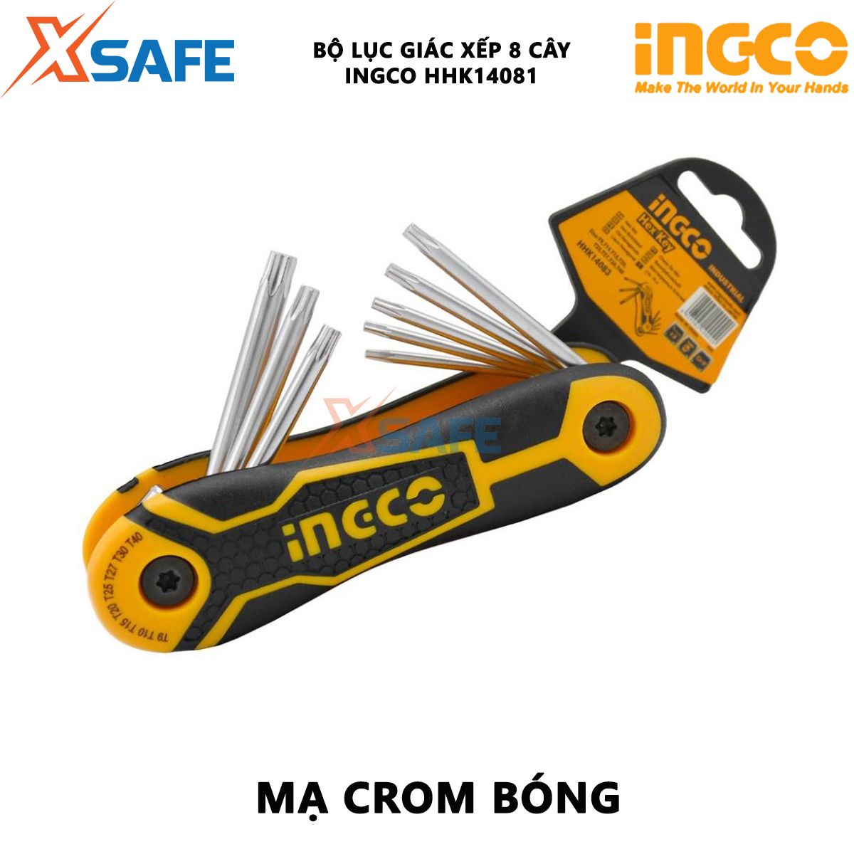 Bộ lục giác xếp 8 cây INGCO HHK14081 Bộ 8 chìa lục giác Kích thước 2-8mm Chất liệu Cr-V mở bulong, đai ốc, tháo lắp các loại ốc vít có đầu lục giác