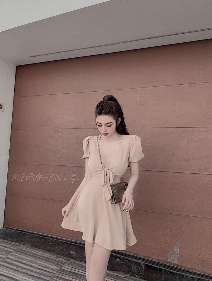 Đầm voan cổ V thắt nơ ngực sao chất TTSA0419