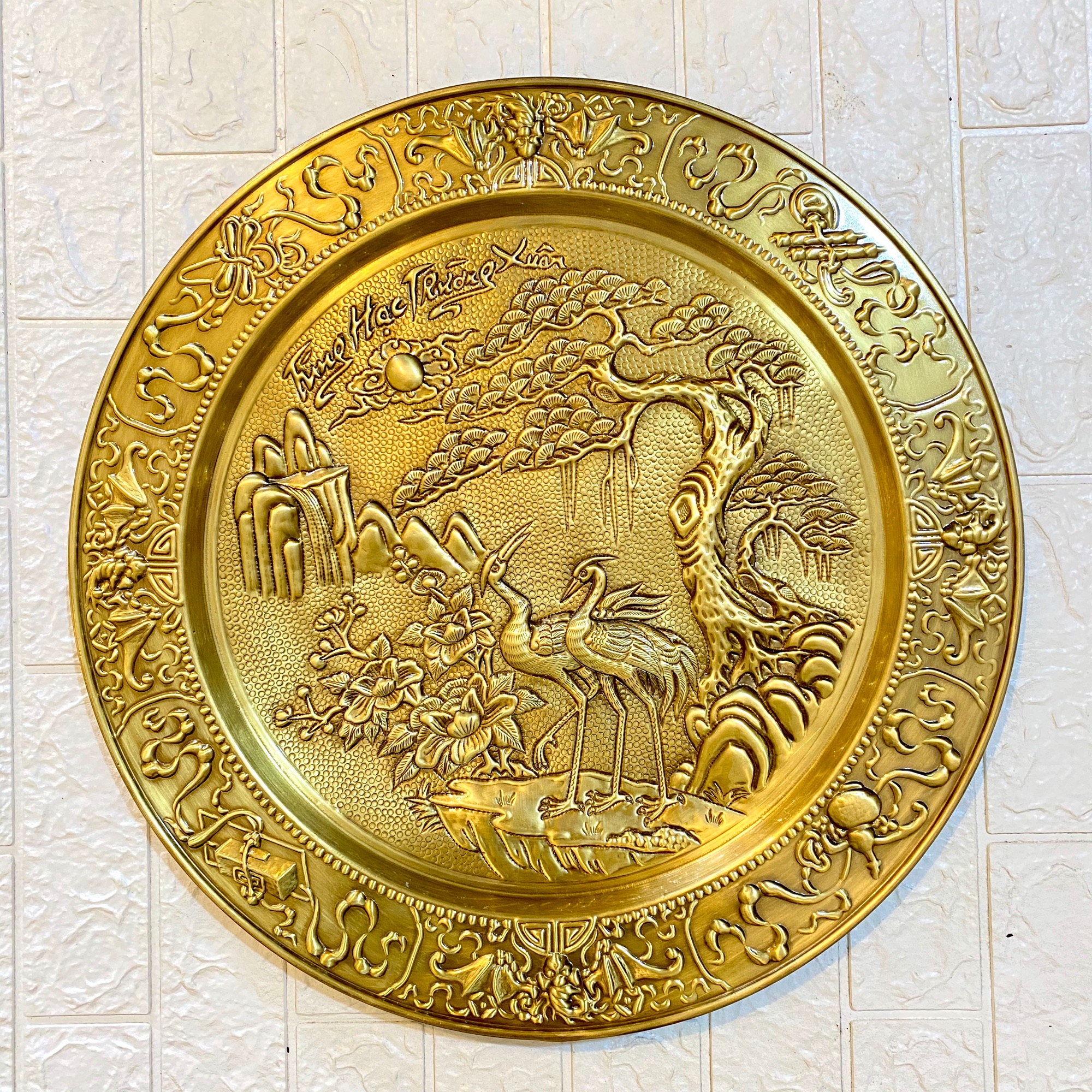 Mâm đồng treo tùng hạc trường xuân 52 cm tranh treo phong thủy