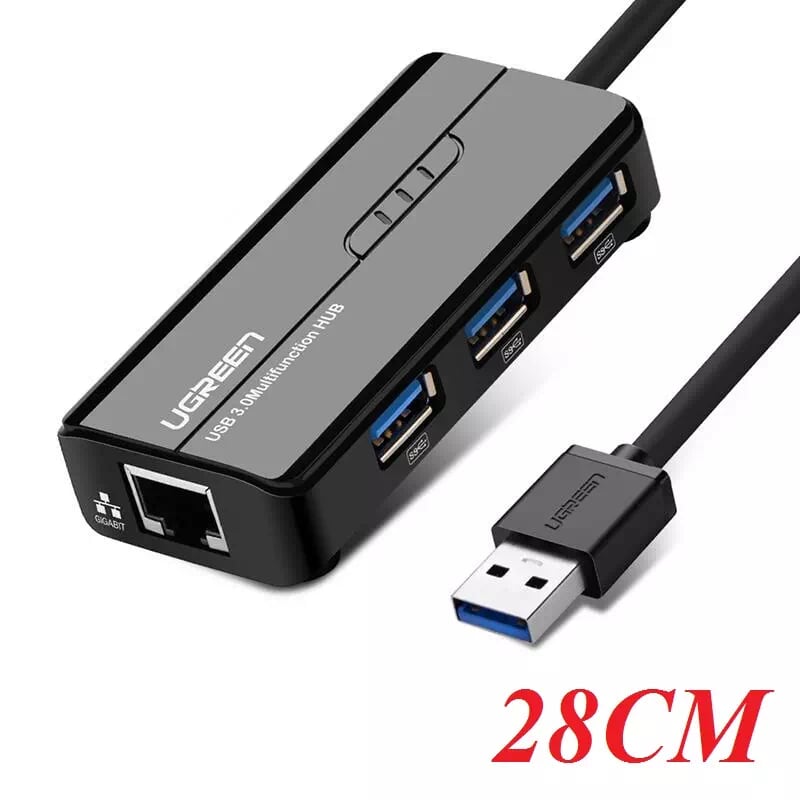 Ugreen 20265 28CM màu Đen HUB chuyển đổi USB 3.0 Sang 3 USB 3.0 + LAN cao cấp hỗ trợ tốc độ 1 Gbps CR103