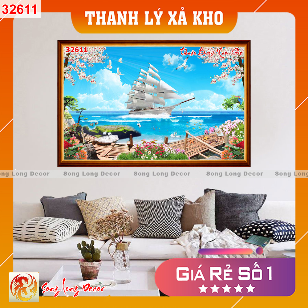 [THANH LÝ SẢ KHO] Tranh dán tường 3d - Tranh 3D Thuận Buồm Xuôi Gió 32611 - Tranh Phong Thủy - Giấy dán tường 3d - Song Long Decor