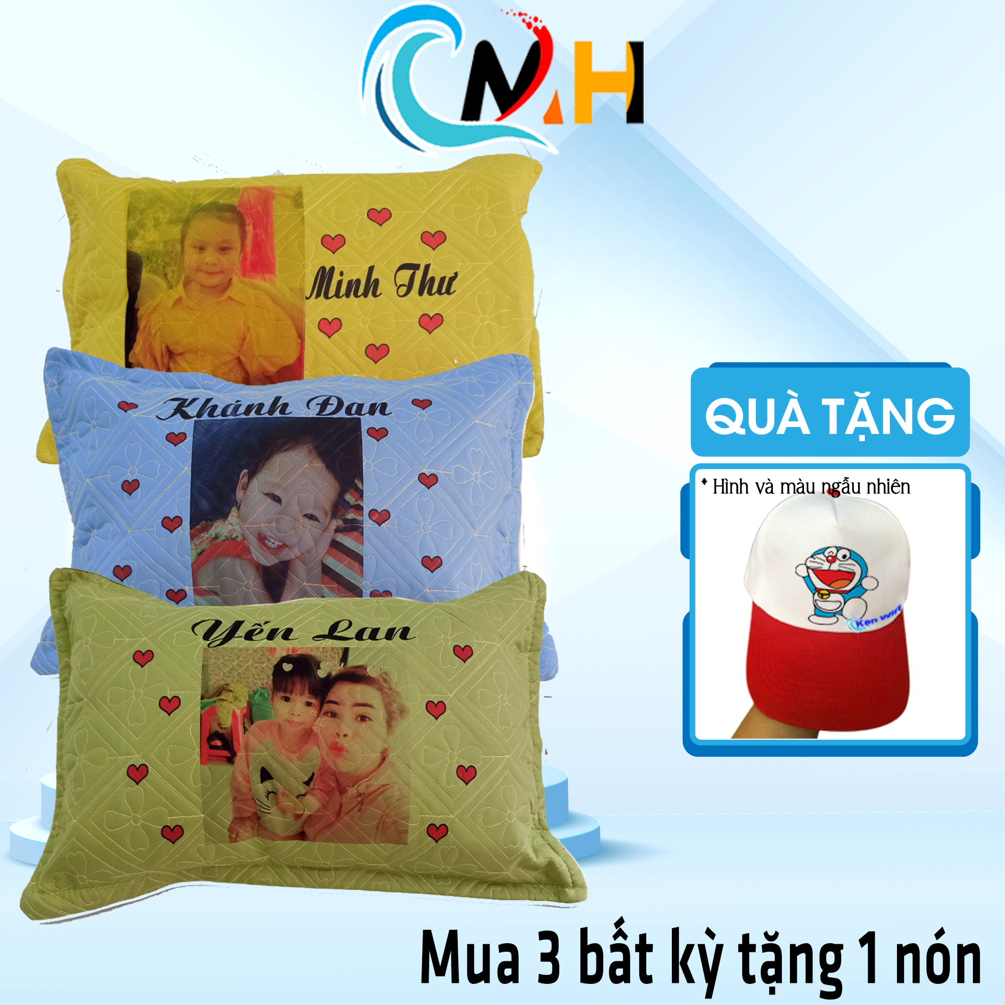Gối cho bé in hình và tên theo yêu cầu mua 3 tặng 1 nón cho bé, Gối bao êm không bay màu