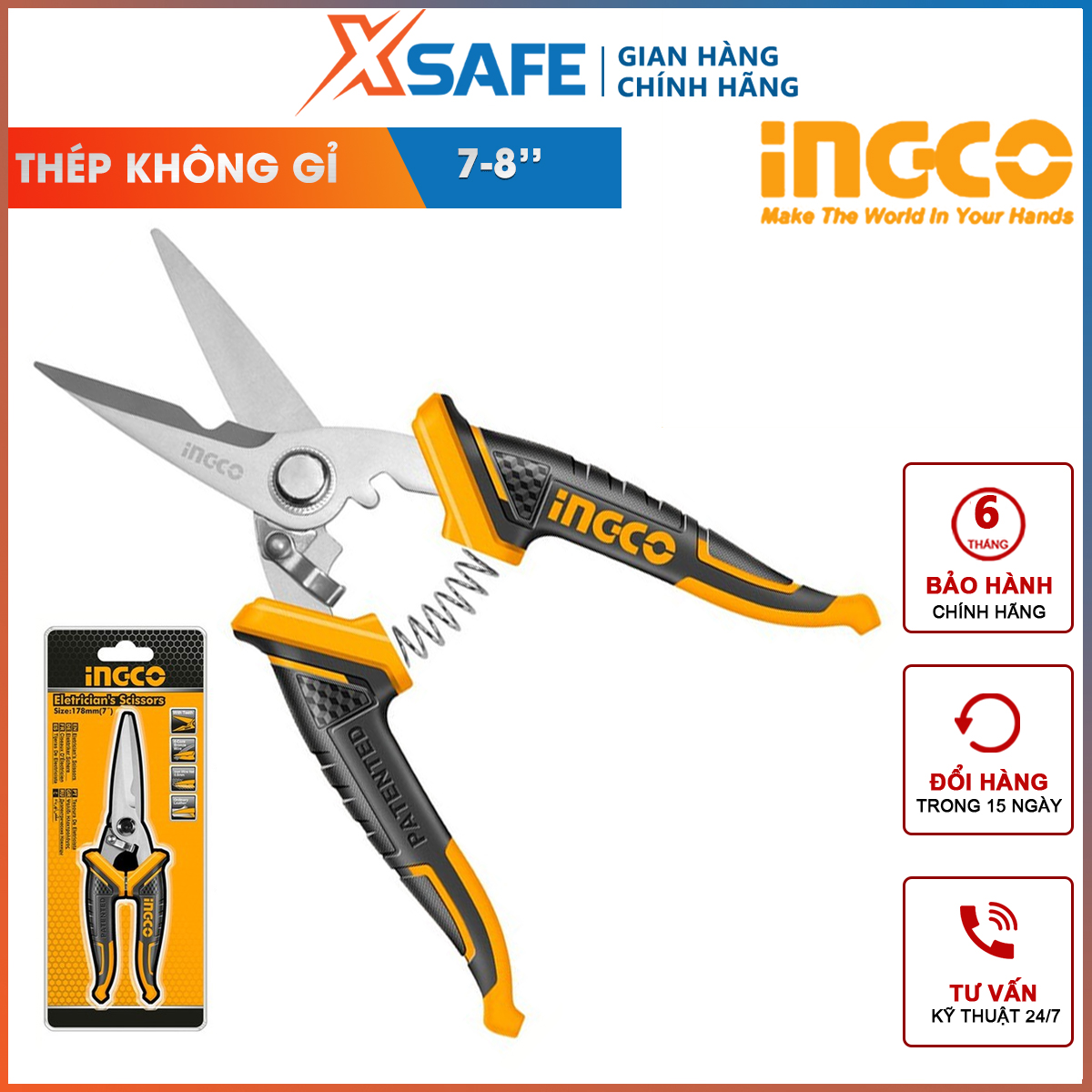 Electrician scissors ingco HES0187 | scissors multi-purpose cutting size: 178mm material: stainless steel used for straight cutting, cutting plastic, rubber or copper wire mesh
