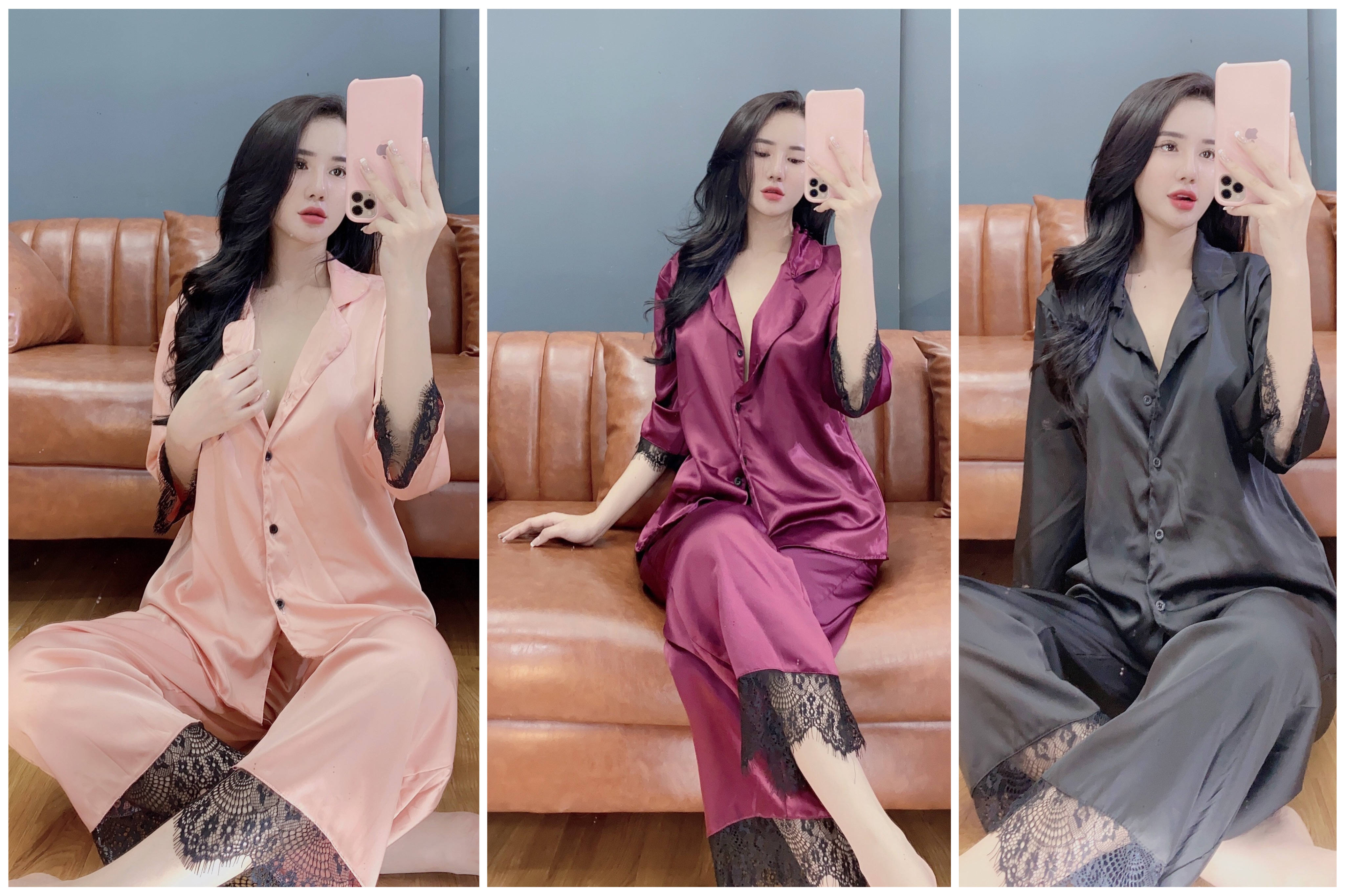 Đồ Ngủ Ren Pijama lụa satin  form đẹp - Hình thật
