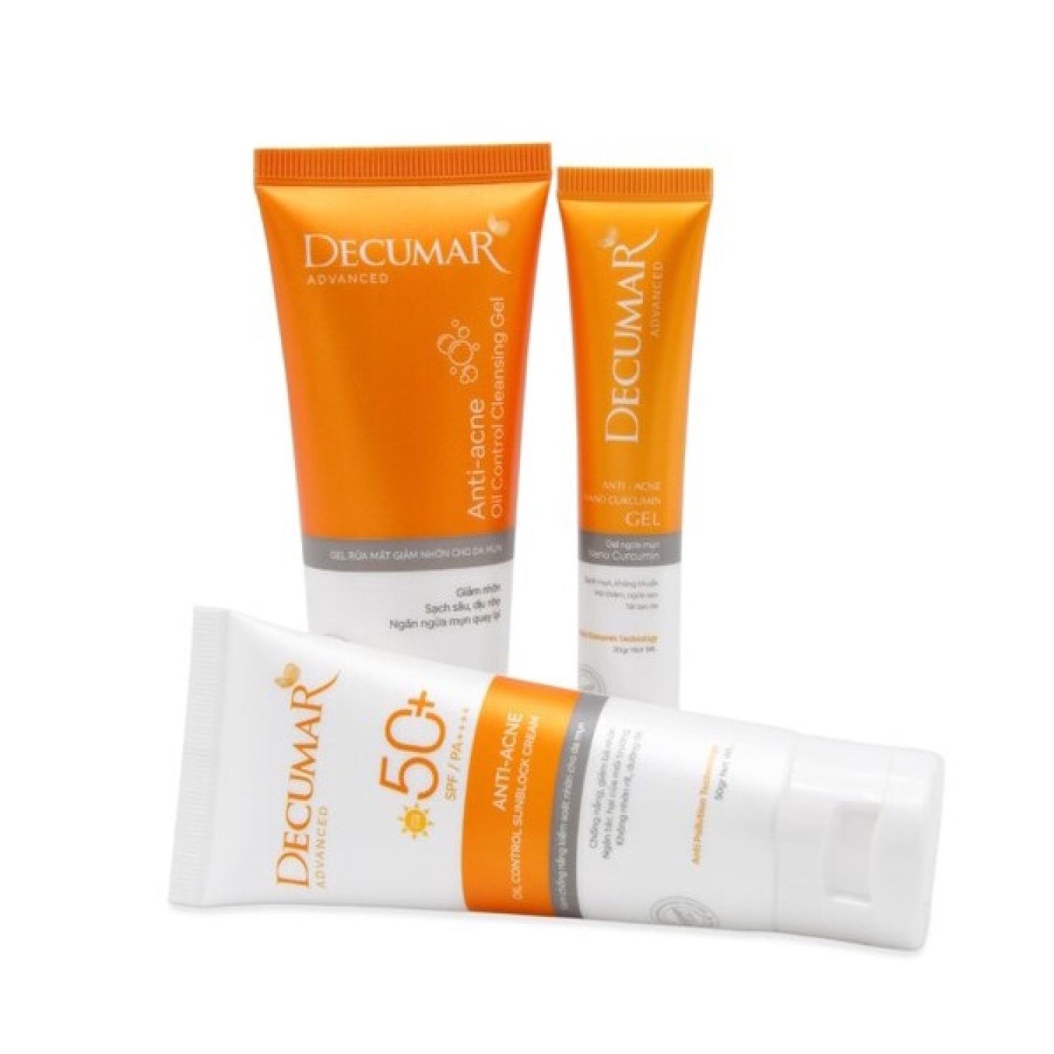 Combo decumar advanced gồm 1 ɡel ngừa mụn, 01 ɡel rửa mặt, 01 kem chống nắng decumar giành cho da mụn