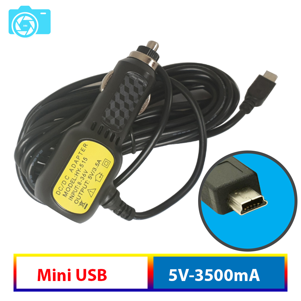 Tẩu cấp Nguồn camera ô tô, kèm 02 cổng USB sạc điện thoại, cổng Mini USB, dây dài 3.5m, chân thẳng